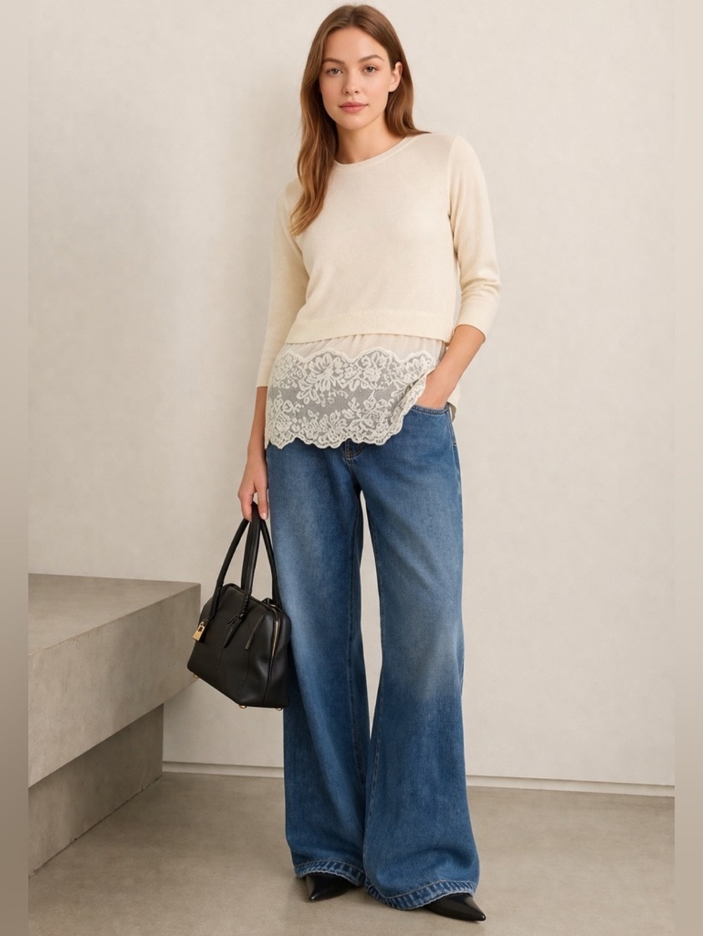 Stella McCartney Wool Lace Hem Sweater Cream EU 36 Coquette Luxury